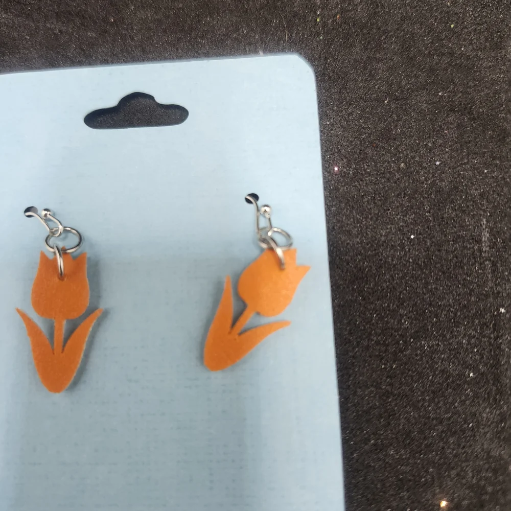 Hand Crafted Faux Leather Dangle Orange Tulip Earrings